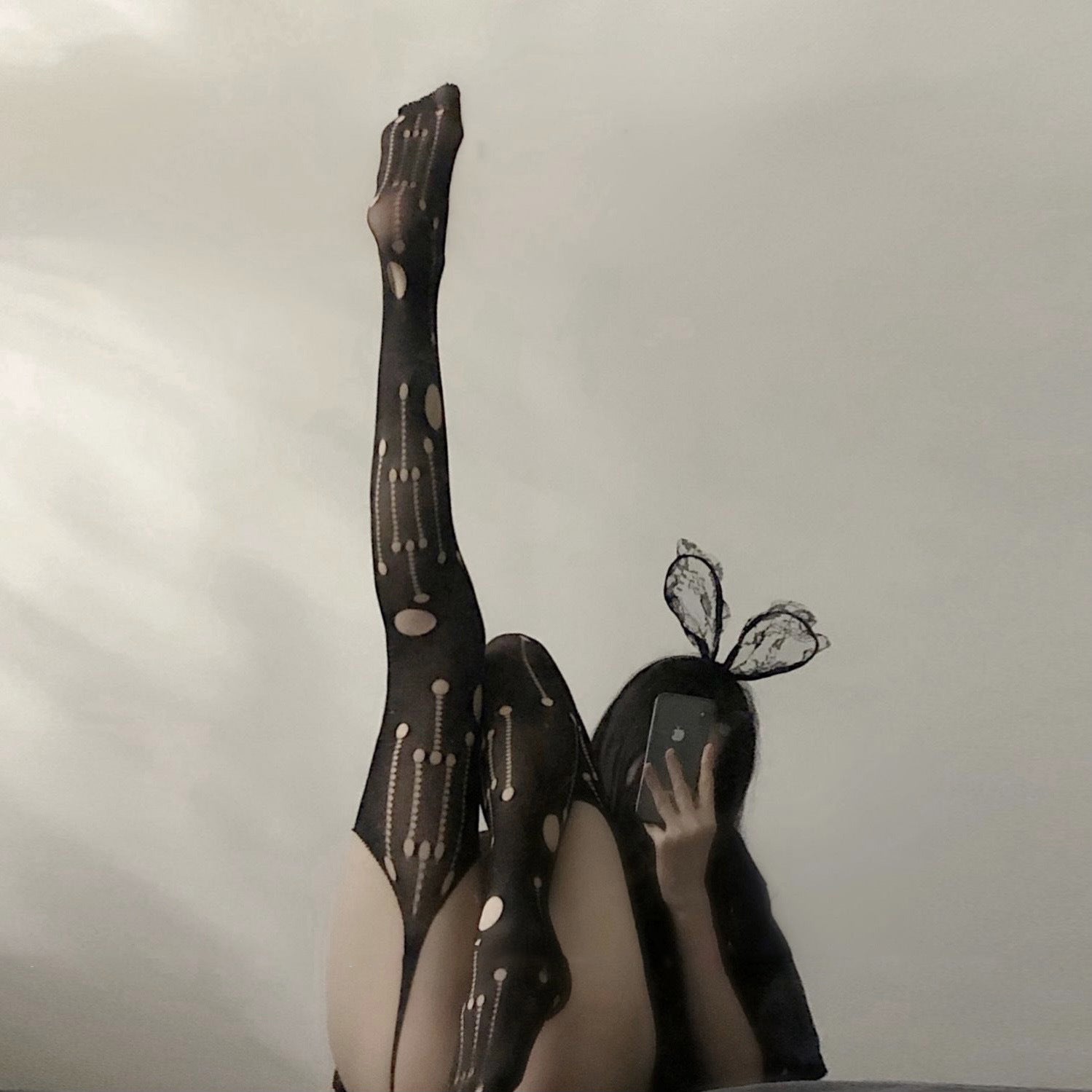 Harajuku Hole Sling One-piece Fishnet Thigh High Stockings Gothic Sexy Hollow Out Black Rompers Bottoming Pantyhose Tights Women