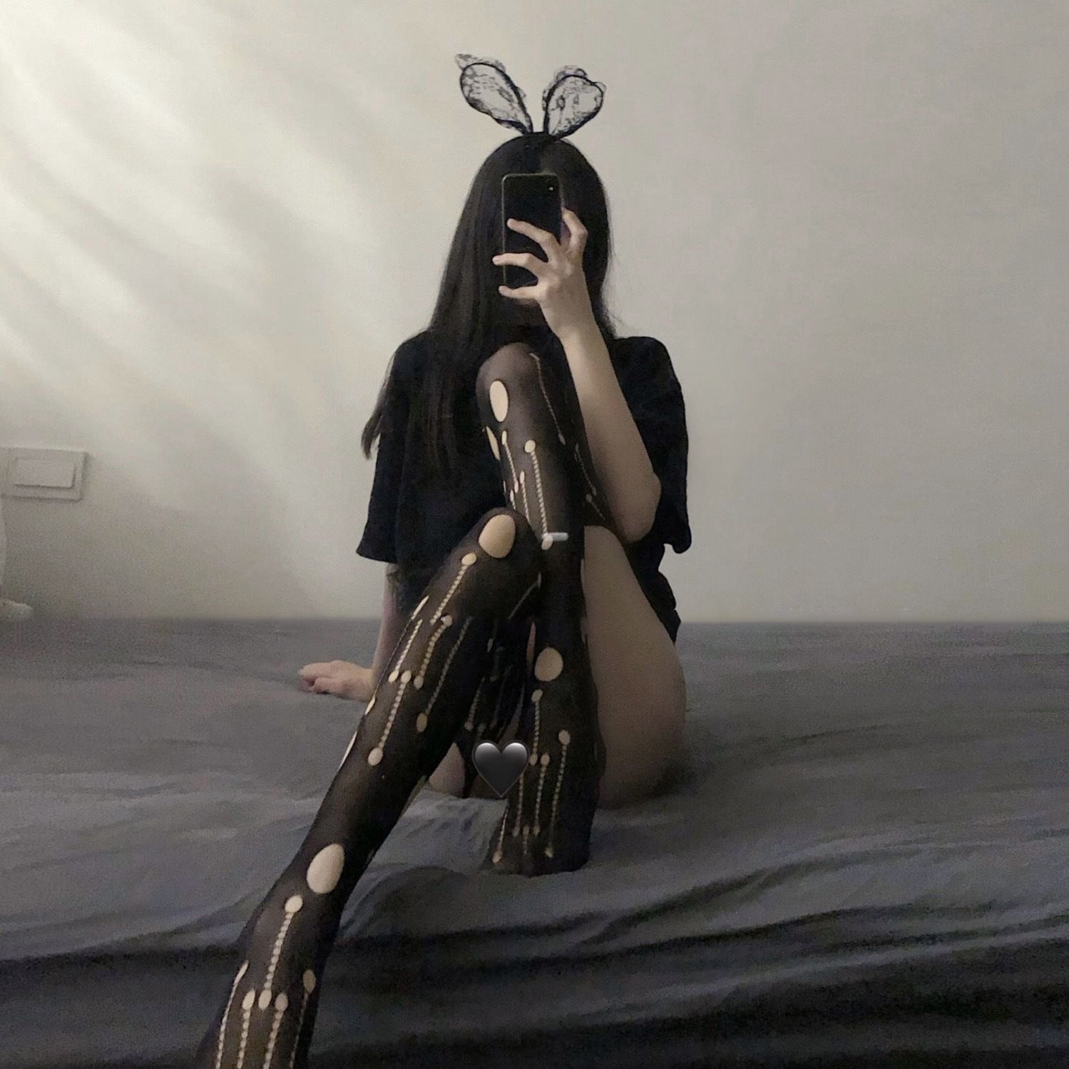 Harajuku Hole Sling One-piece Fishnet Thigh High Stockings Gothic Sexy Hollow Out Black Rompers Bottoming Pantyhose Tights Women