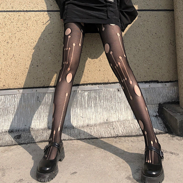 Harajuku Hole Sling One-piece Fishnet Thigh High Stockings Gothic Sexy Hollow Out Black Rompers Bottoming Pantyhose Tights Women