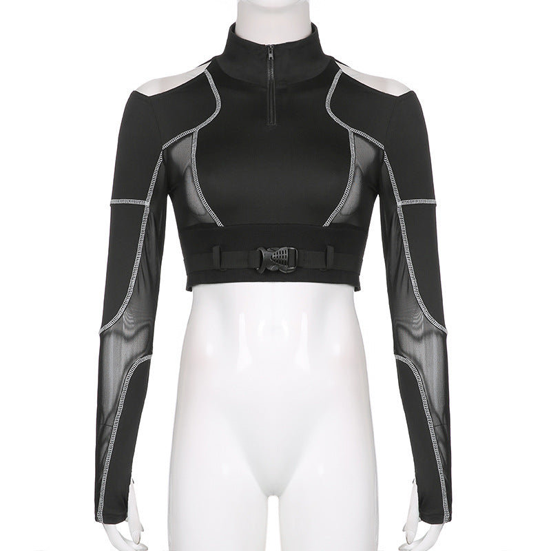 Goth Dark Techwear Grunge Black Buckle Patchwork T-shirts Women Punk Sexy Open Shoulder Skinny Cropped Tops Hip Hop Streetwear