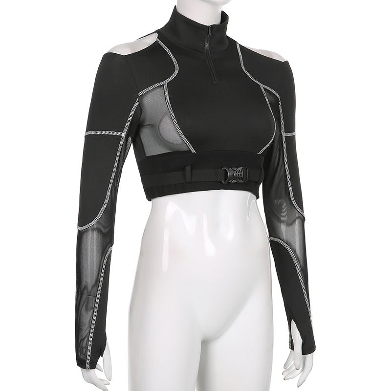 Goth Dark Techwear Grunge Black Buckle Patchwork T-shirts Women Punk Sexy Open Shoulder Skinny Cropped Tops Hip Hop Streetwear