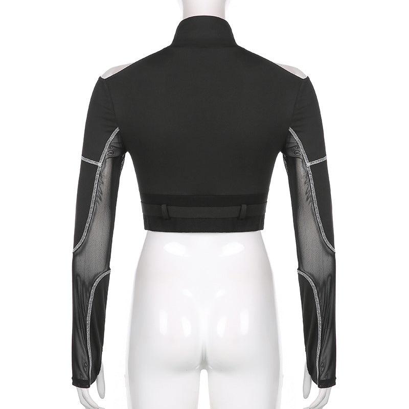 Goth Dark Techwear Grunge Black Buckle Patchwork T-shirts Women Punk Sexy Open Shoulder Skinny Cropped Tops Hip Hop Streetwear
