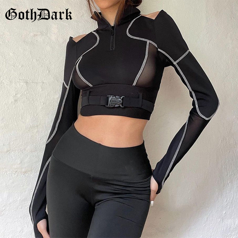 Goth Dark Techwear Grunge Black Buckle Patchwork T-shirts Women Punk Sexy Open Shoulder Skinny Cropped Tops Hip Hop Streetwear