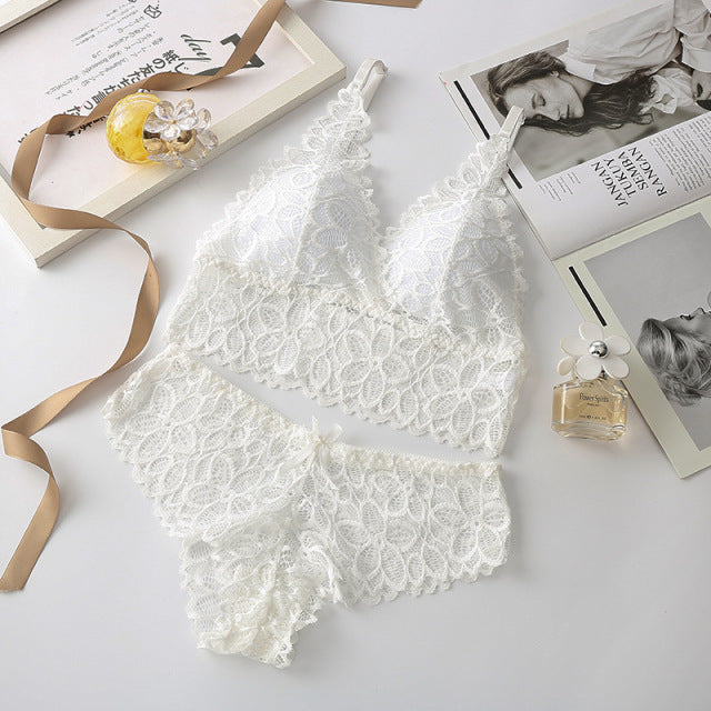Women Lace Bra Set Deep V Bra and Panties Set Lace Bralette Seamless Underwear Embroidery Intimates Female Sexy Lingerie Set