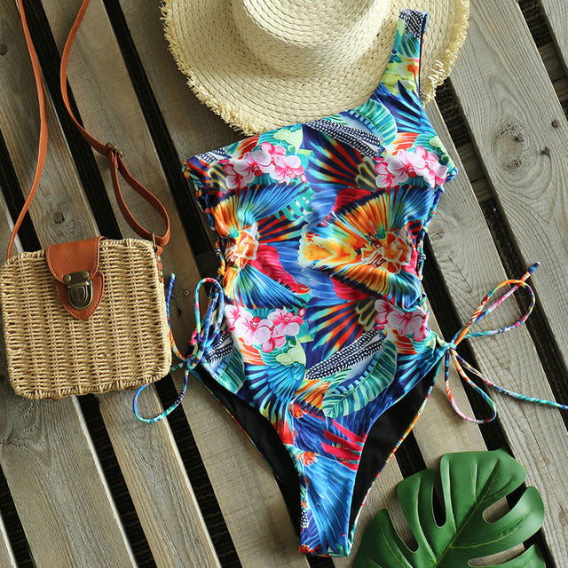 Sexy One Piece Swimsuit One Shoulder Bandage Swimsuits Printi Swimwear Women Backless Bathing Suit Beachwear Monokini Swim
