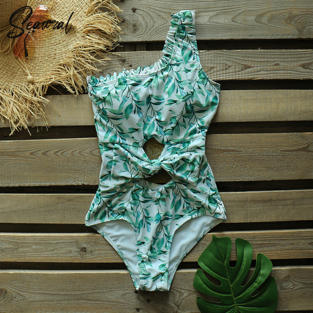 Sexy One Piece Swimsuit One Shoulder Bandage Swimsuits Printi Swimwear Women Backless Bathing Suit Beachwear Monokini Swim