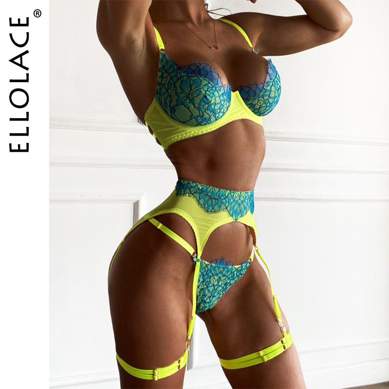 Ellolace Sensual Lingerie Lace Push Up Delicate Underwear 3-Piece Underwire Exotic Sets