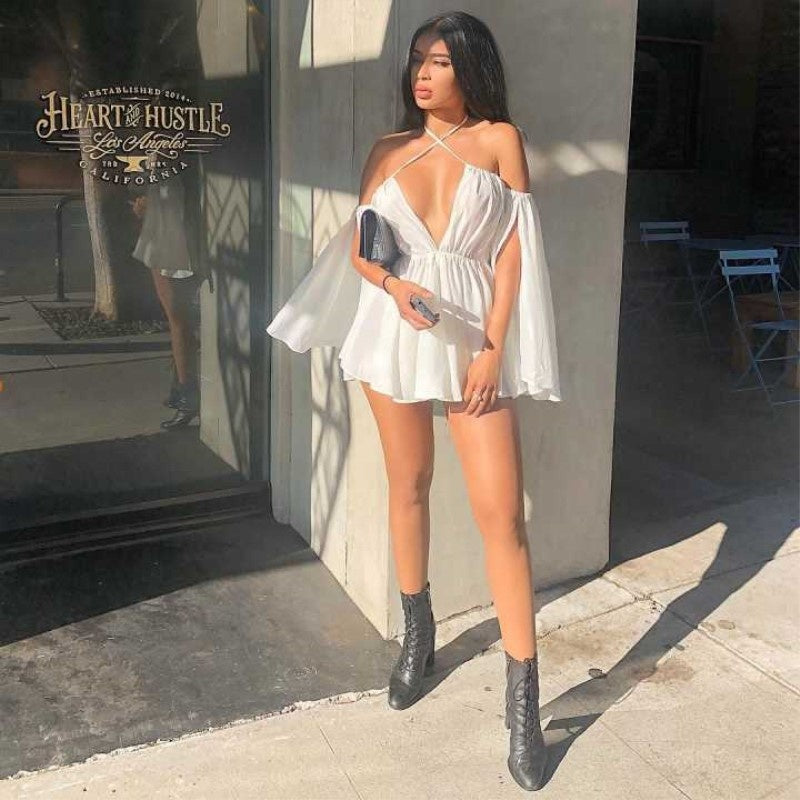 wsevypo Women Off-shoulder Halter Tie-up Dress Sexy Solid Long Slit Sleeve Mini Pleated Beach Dress Party Club Evening Wear
