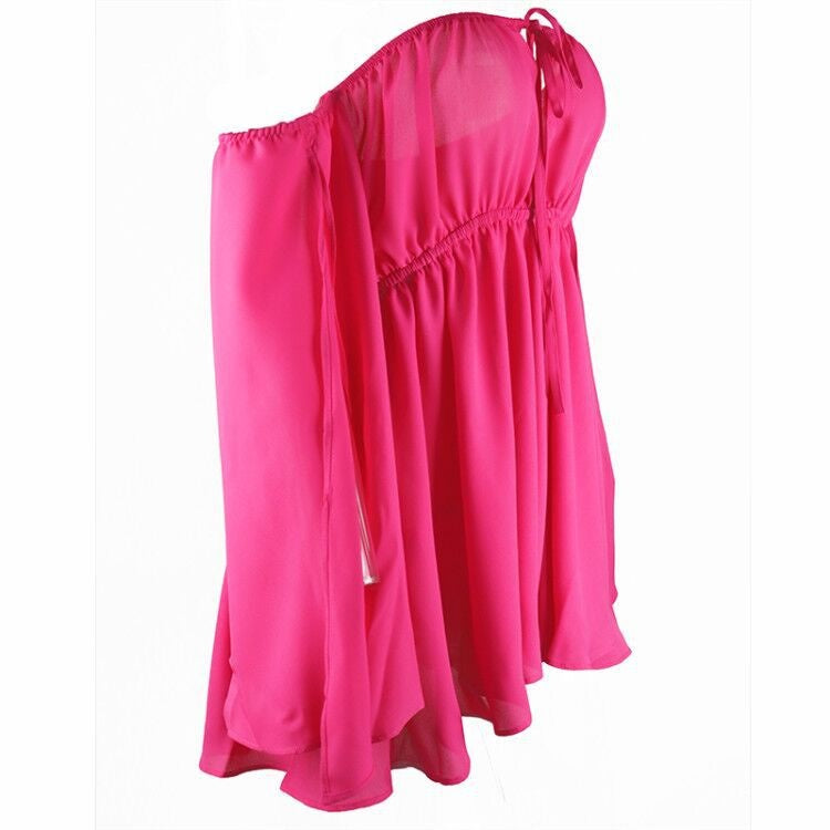 wsevypo Women Off-shoulder Halter Tie-up Dress Sexy Solid Long Slit Sleeve Mini Pleated Beach Dress Party Club Evening Wear
