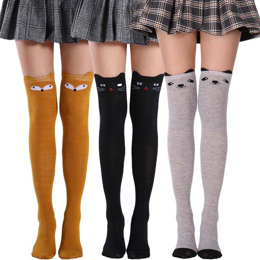 Women Cartoon Stockings Cotton Black White Cute Girls Sexy Cat Warm Long Socks Medias Thigh High For Ladies Over The Knee