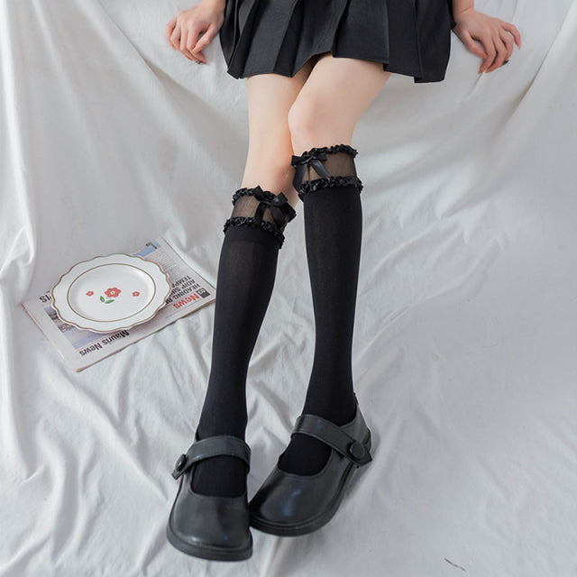 Lolita Long Tube White Lace Mesh Female Over-knee High-tube Thigh Middle-tube Calf Socks Thin Section Student Jk Black And White