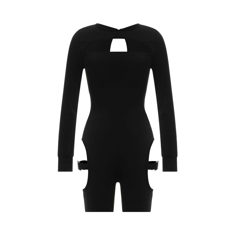 hirigin Women Bodycon Buckle Cut Out Biker Rompers Sexy Long Sleeves Hollow Out Clubwear Bodysuit One Piece Short Jumpsuit Pants