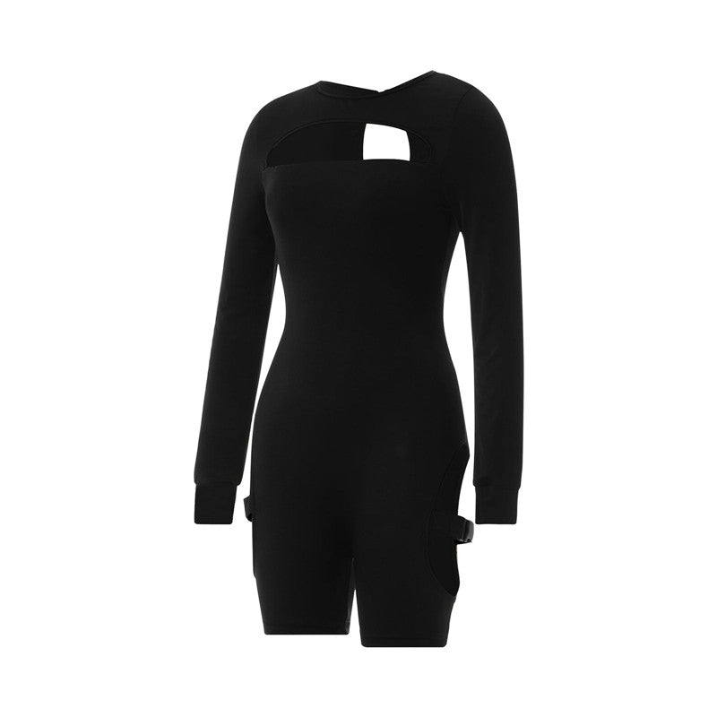 hirigin Women Bodycon Buckle Cut Out Biker Rompers Sexy Long Sleeves Hollow Out Clubwear Bodysuit One Piece Short Jumpsuit Pants