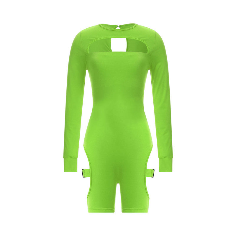 hirigin Women Bodycon Buckle Cut Out Biker Rompers Sexy Long Sleeves Hollow Out Clubwear Bodysuit One Piece Short Jumpsuit Pants