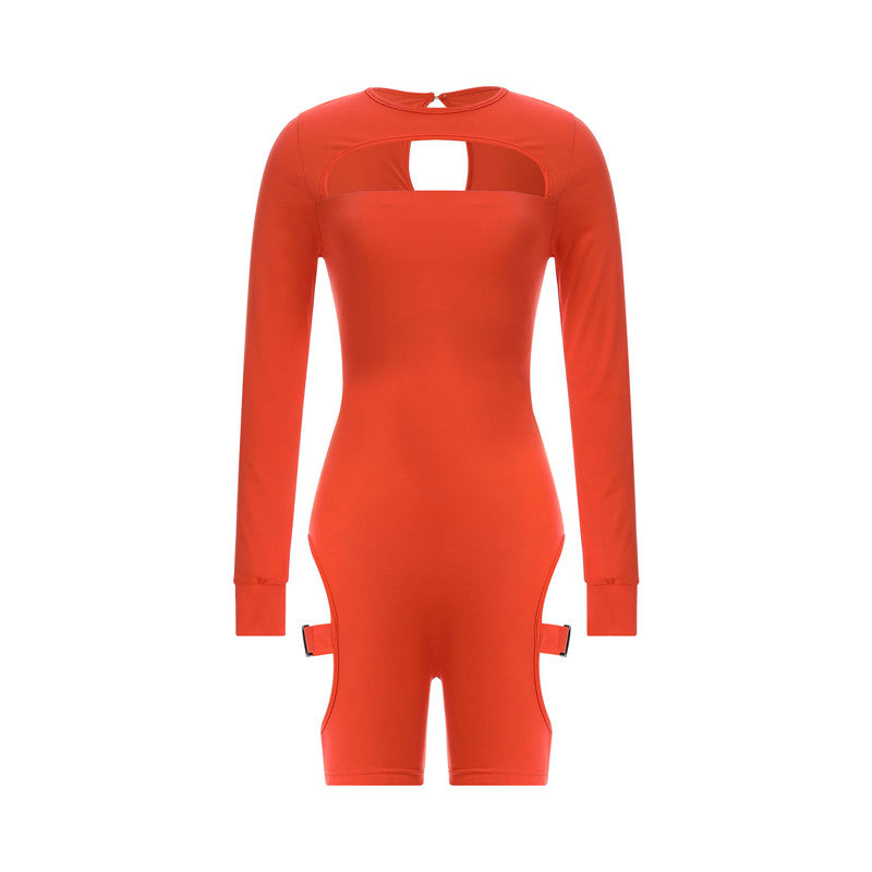 hirigin Women Bodycon Buckle Cut Out Biker Rompers Sexy Long Sleeves Hollow Out Clubwear Bodysuit One Piece Short Jumpsuit Pants