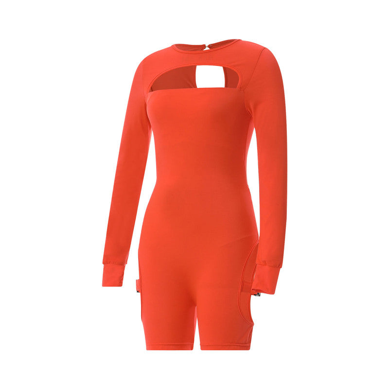hirigin Women Bodycon Buckle Cut Out Biker Rompers Sexy Long Sleeves Hollow Out Clubwear Bodysuit One Piece Short Jumpsuit Pants