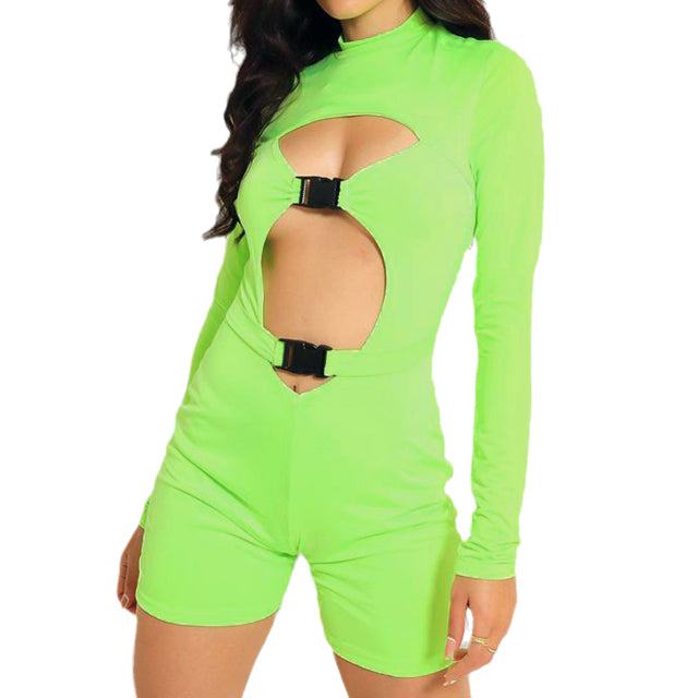 hirigin Women Bodycon Buckle Cut Out Biker Rompers Sexy Long Sleeves Hollow Out Clubwear Bodysuit One Piece Short Jumpsuit Pants