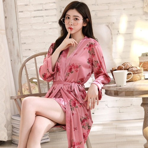 Luxurious Women Kimono Gown Nightdress 2PCS Robe Silk Sleepwear Sexy Nightwear Nightgown Soft Intimate Lingerie Party Robe