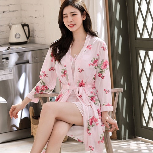 Luxurious Women Kimono Gown Nightdress 2PCS Robe Silk Sleepwear Sexy Nightwear Nightgown Soft Intimate Lingerie Party Robe