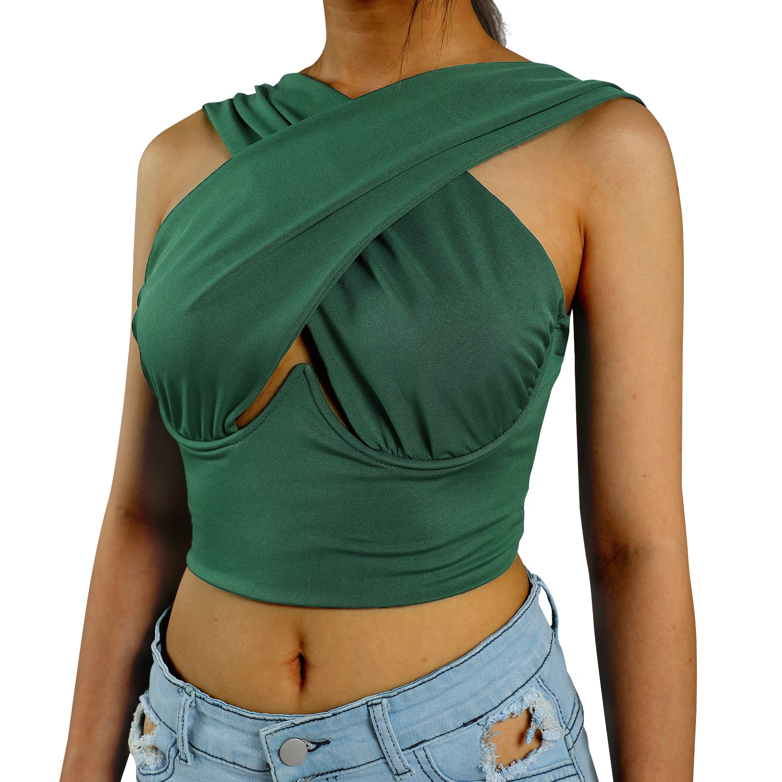 Women Criss Cross Tank Tops Sexy Sleeveless Solid Color Cutout Front Crop Tops Party Club Streetwear Lady Bustier Tops