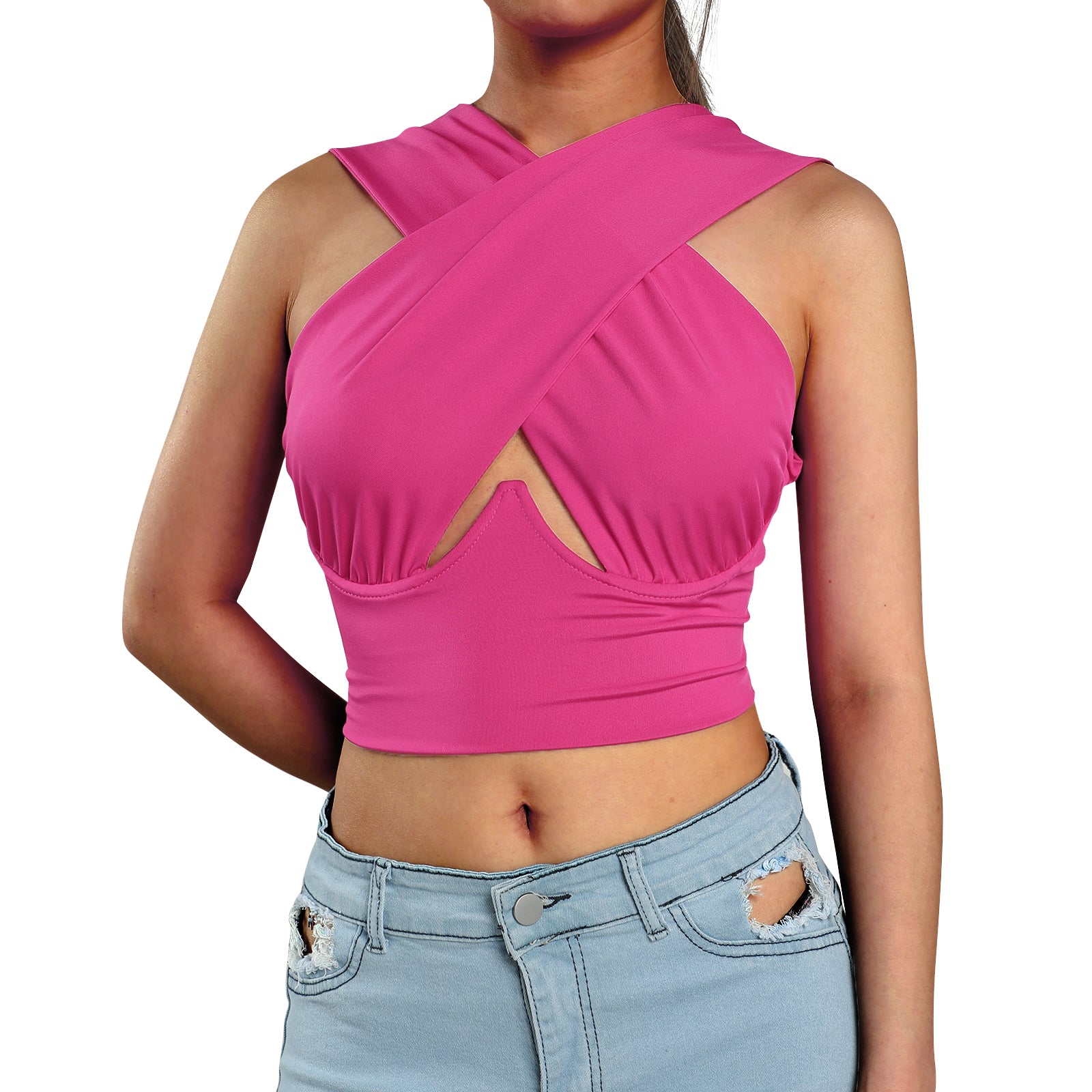 Women Criss Cross Tank Tops Sexy Sleeveless Solid Color Cutout Front Crop Tops Party Club Streetwear Lady Bustier Tops