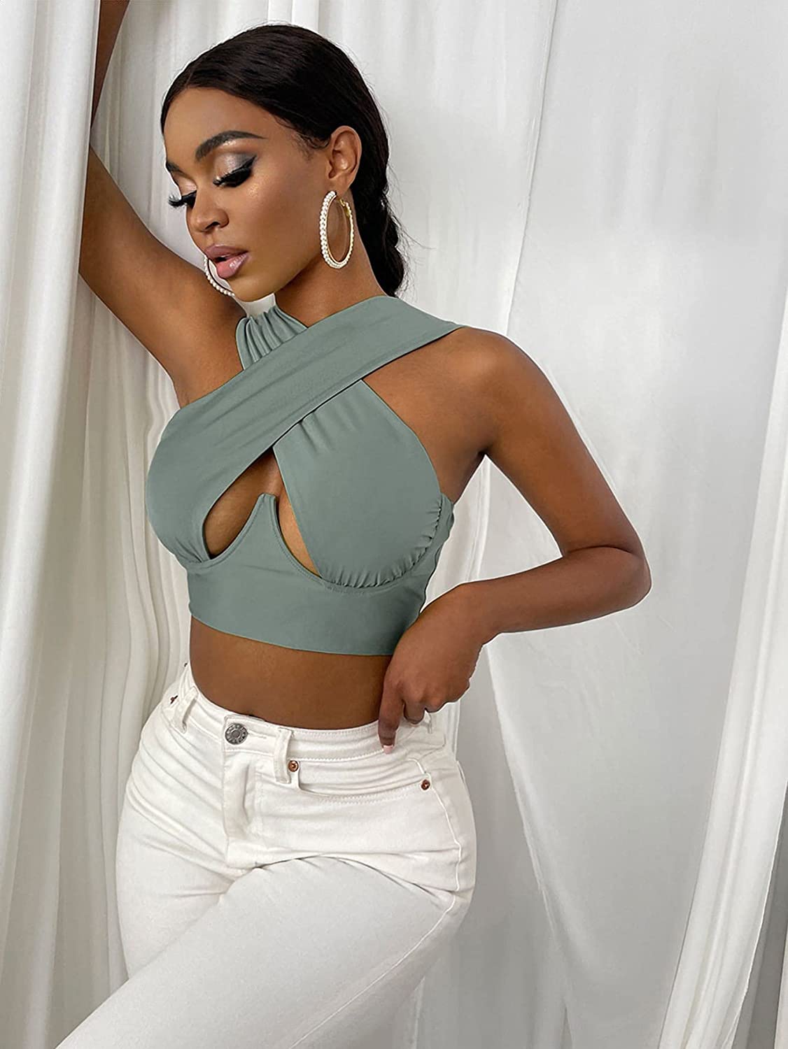 Women Criss Cross Tank Tops Sexy Sleeveless Solid Color Cutout Front Crop Tops Party Club Streetwear Lady Bustier Tops