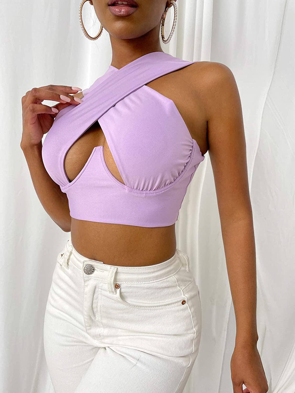 Women Criss Cross Tank Tops Sexy Sleeveless Solid Color Cutout Front Crop Tops Party Club Streetwear Lady Bustier Tops