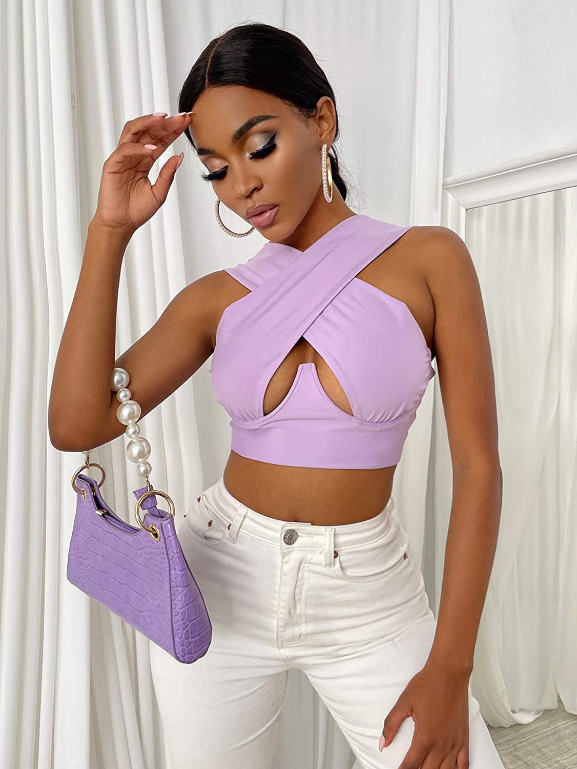 Women Criss Cross Tank Tops Sexy Sleeveless Solid Color Cutout Front Crop Tops Party Club Streetwear Lady Bustier Tops