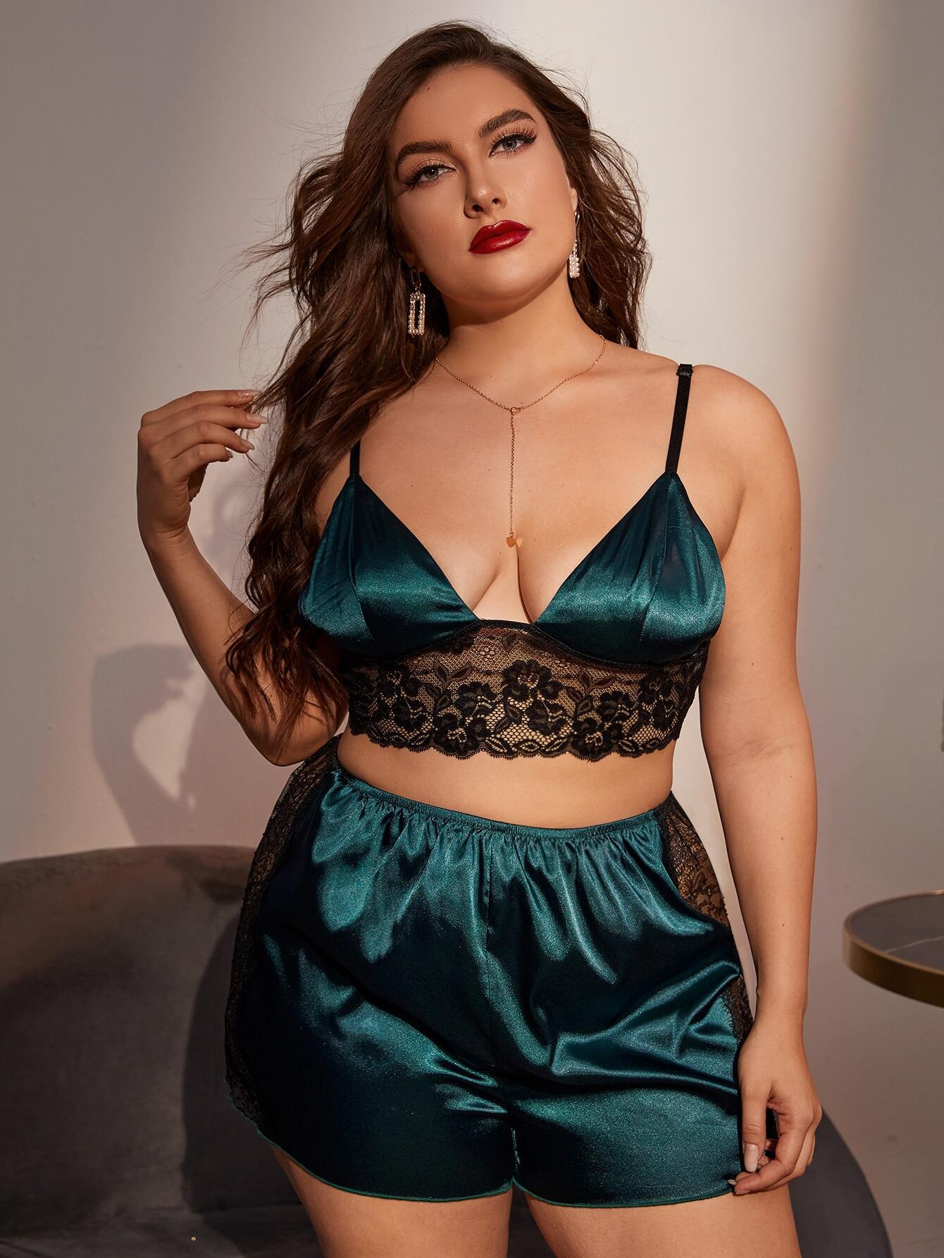 Plus Size Sexy Cami Lace Top Loose Shorts Silk Sleepwear Wholesale Pajamas Women Homewear Large