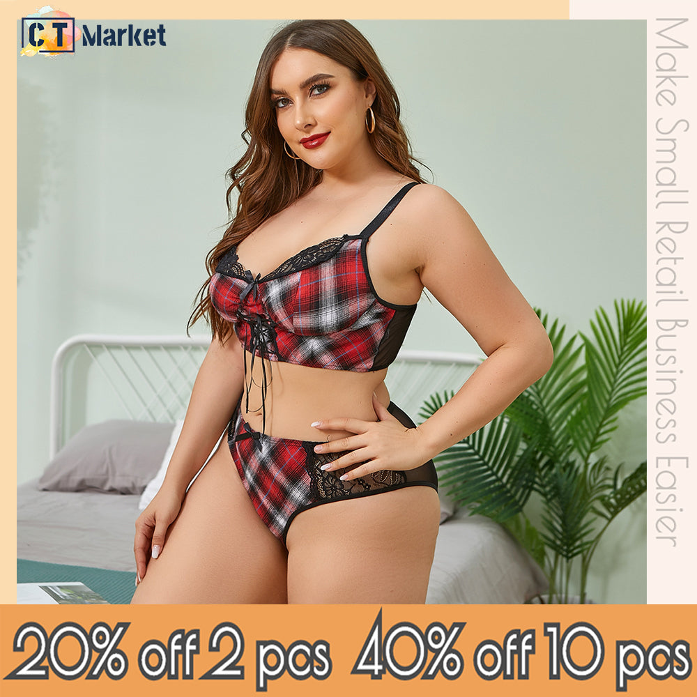 Plus Size Plaid Lingerier Set Women  WIreless College Style Bra Seamless Panty Lace Bralette