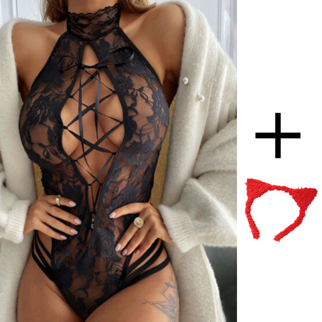 Sexy Women Tights Erotic Teddy Suit Underwear Black Lace Sexy Role-playing Jumpsuit Hollow See-through Women Lingerie