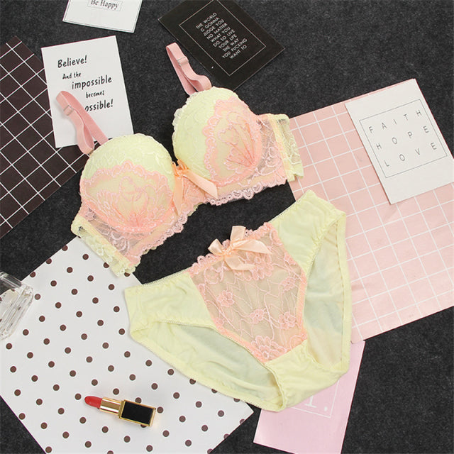 Push Up Bra Lace Bra And Panty Set Embroidery Bra Set Women Plus Size Deep V Lingerie 70 75 80 85 AB Cup For Female Underwears