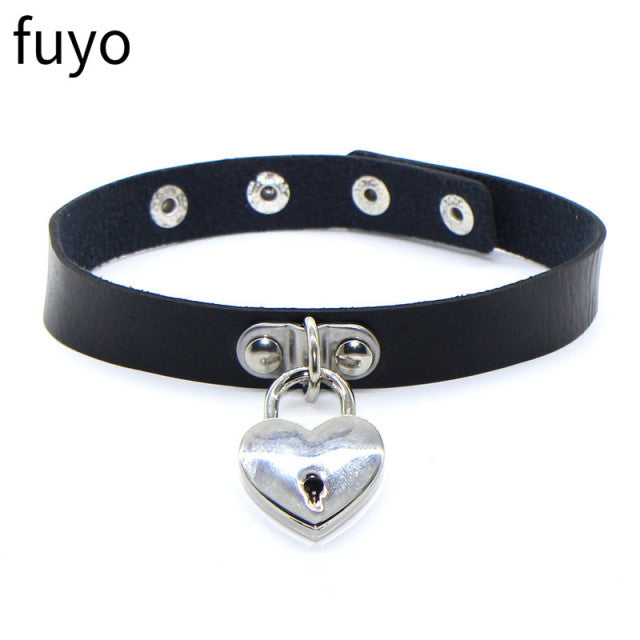 Sexy Goth Choker Necklace Men Punk Rock Heart Geometry PU Necklace For Women Choker Gothic Bondage Goth Jewelry Chocker Neck