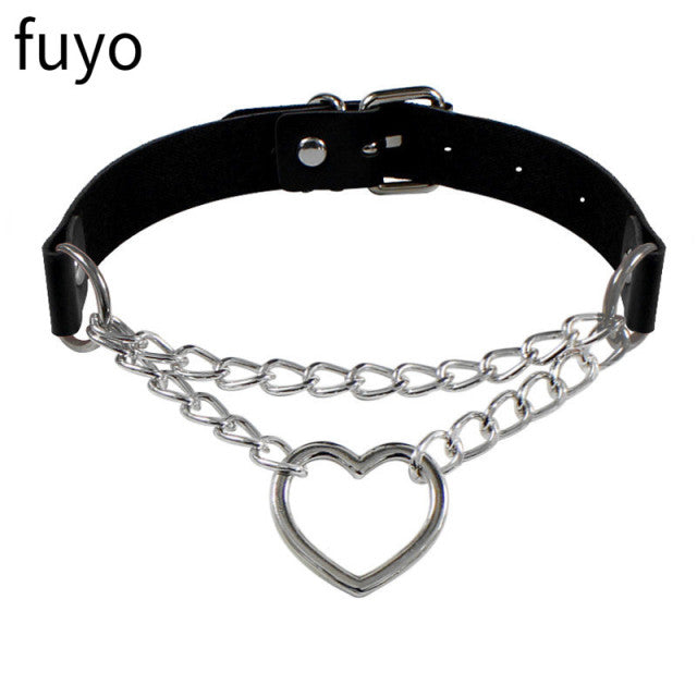 Sexy Goth Choker Necklace Men Punk Rock Heart Geometry PU Necklace For Women Choker Gothic Bondage Goth Jewelry Chocker Neck