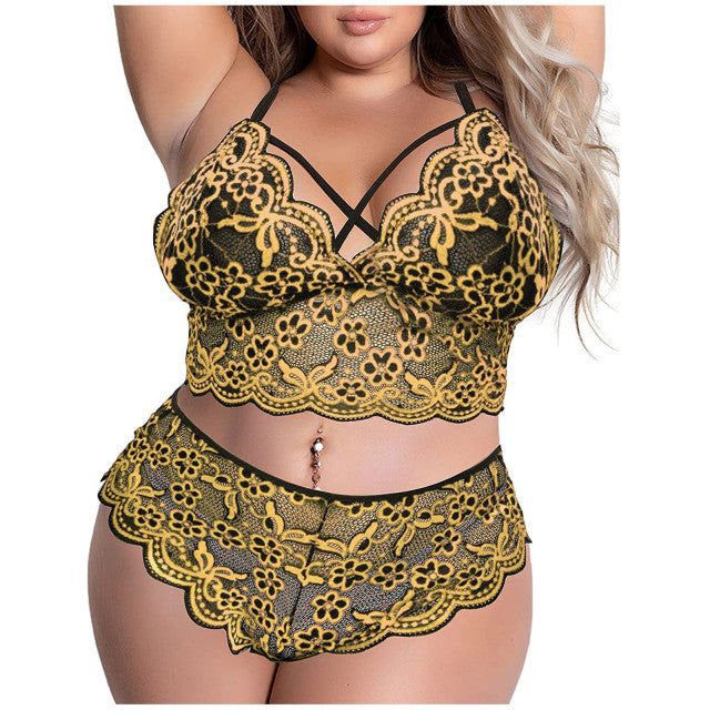 Women Sexy Lingerie Set Hollow Out Lace Perspective Bra Briefs Underwear Set Lenceria Sensual Mujer Exotic Costume Plus Size 4XL