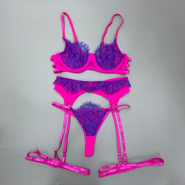 Ellolace Sensual Lingerie Lace Push Up Delicate Underwear 3-Piece Underwire Exotic Sets