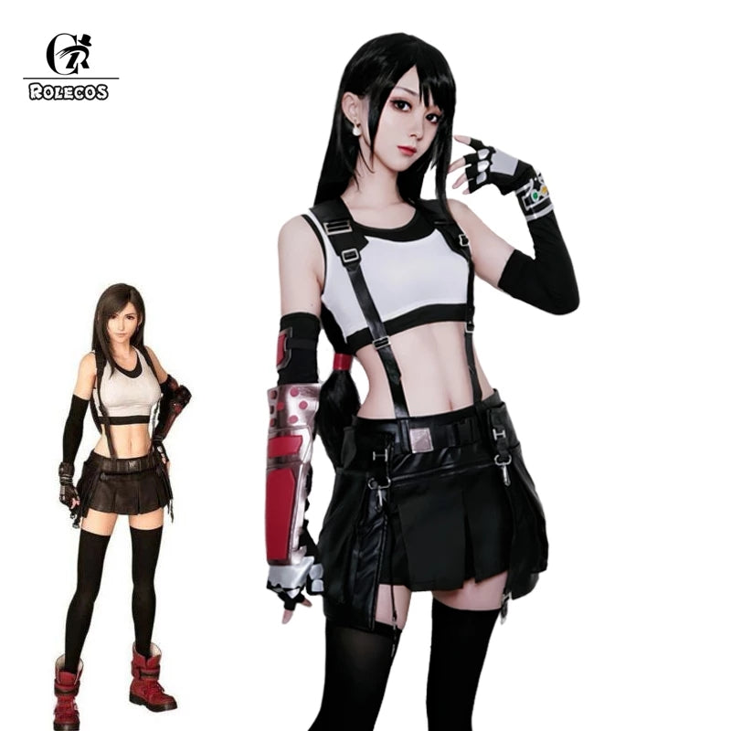 ROLECOS FF VII Tifa Cosplay Costume FF7 Remake Game Cosplay Costume Halloween Sexy Overalls Skirt Gloves Stokings