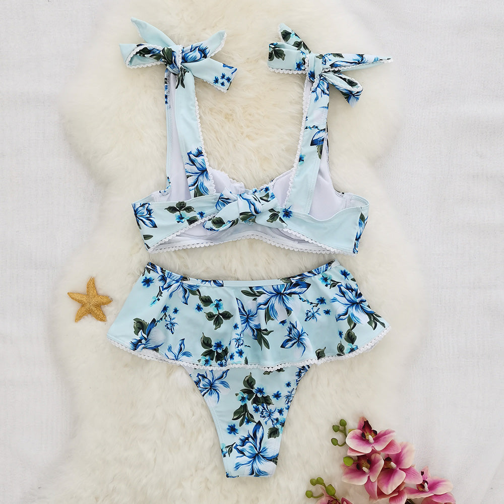 Sexy High Waist Bikini Swimwear Women Print Swimsuit Push Up Ruffle Bikinis Set Women Bandage Bathing Suit Summer Beachwear