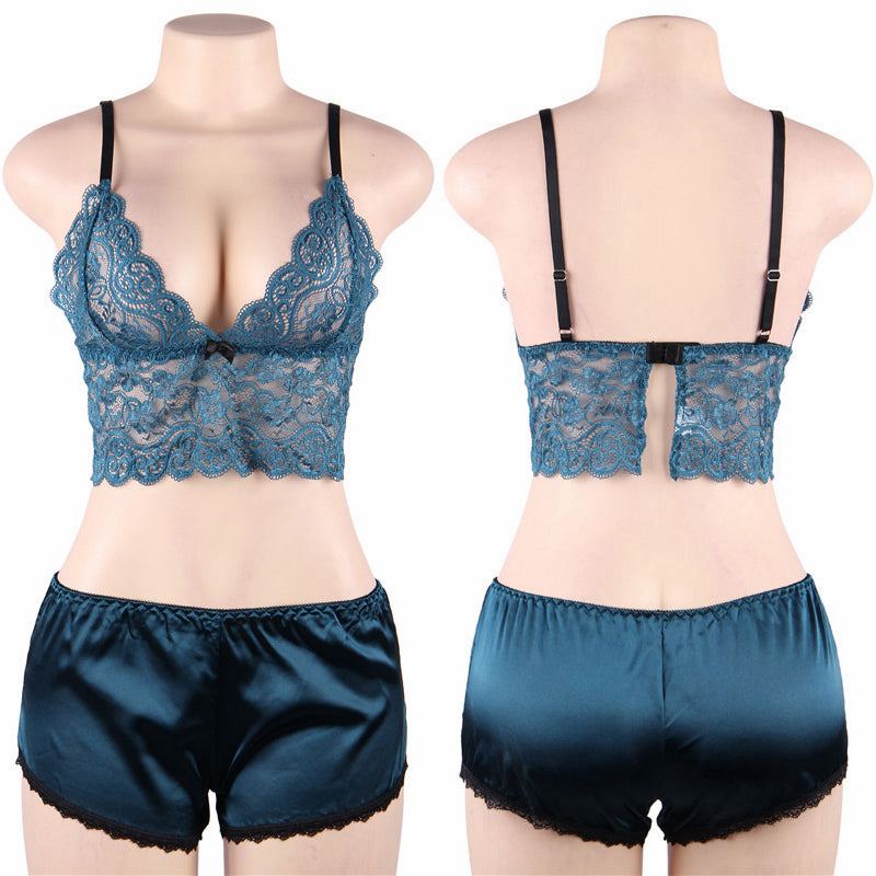 Comeondear Satin Pajama Sets Large Size Sexy Woman Nightie Lace Lingerie Costumes Sets Ladies Nightwear Floral Transparent Top