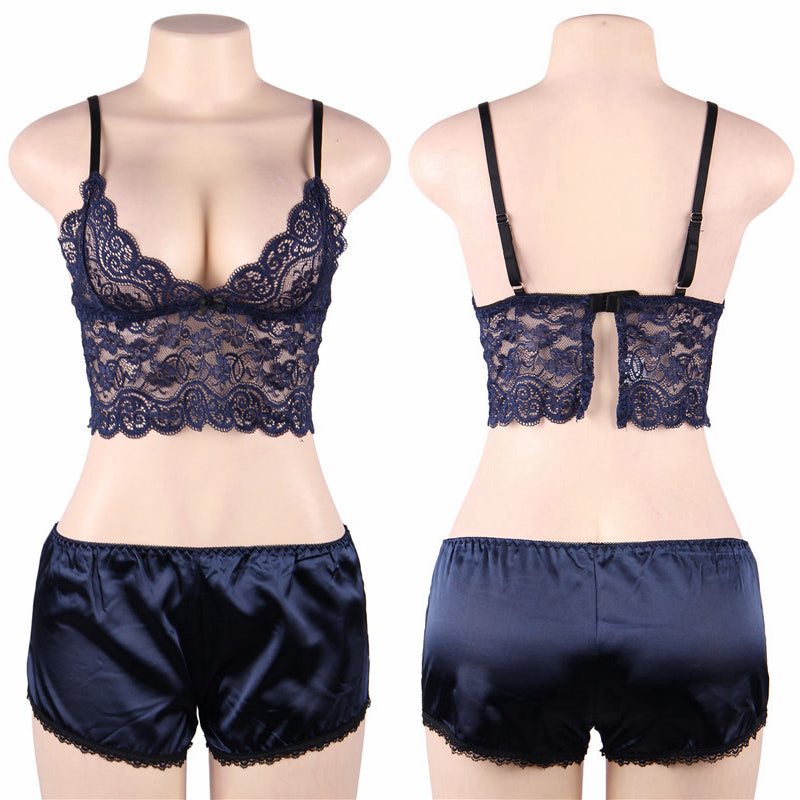 Comeondear Satin Pajama Sets Large Size Sexy Woman Nightie Lace Lingerie Costumes Sets Ladies Nightwear Floral Transparent Top