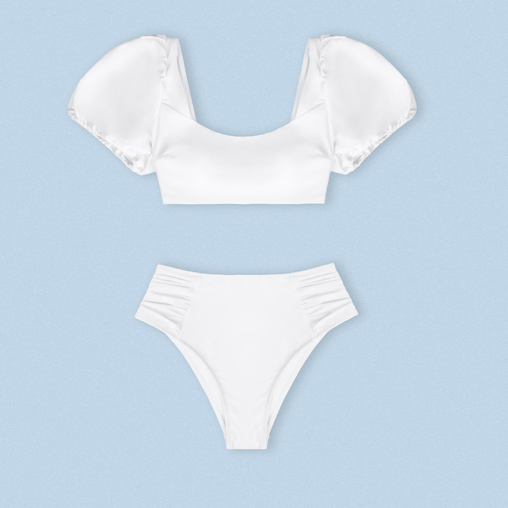 CUPSHE Puff Sleeve High Waist Bikini Set Swimsuit For Women Sexy Solid White Two Pieces Swimwear Beach Bathing Suit