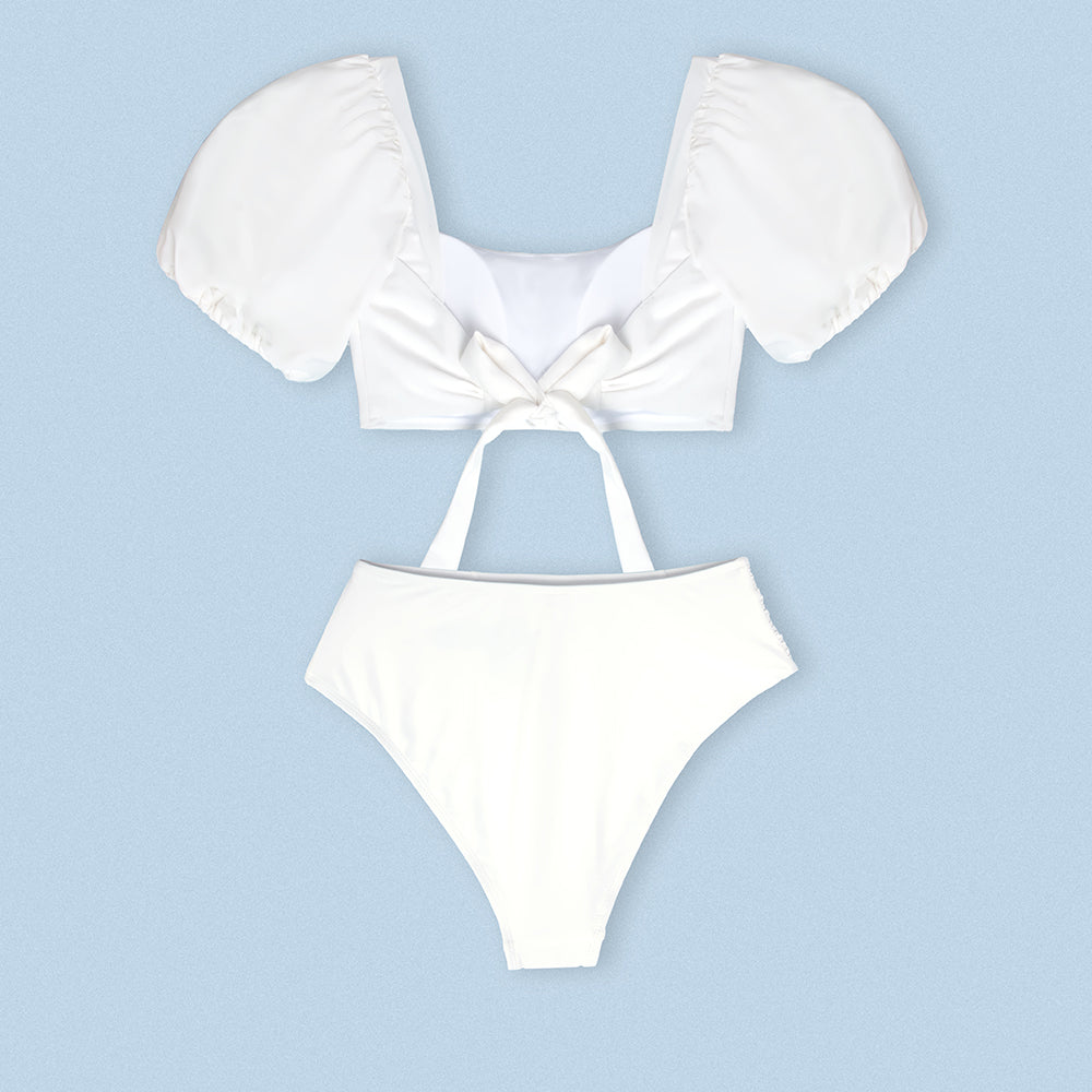 CUPSHE Puff Sleeve High Waist Bikini Set Swimsuit For Women Sexy Solid White Two Pieces Swimwear Beach Bathing Suit