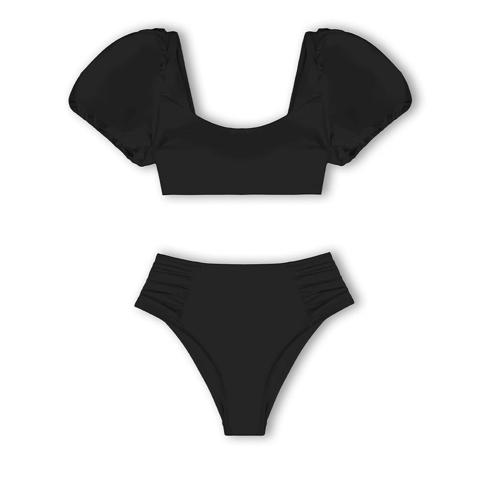 CUPSHE Puff Sleeve High Waist Bikini Set Swimsuit For Women Sexy Solid White Two Pieces Swimwear Beach Bathing Suit
