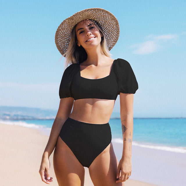 CUPSHE Puff Sleeve High Waist Bikini Set Swimsuit For Women Sexy Solid White Two Pieces Swimwear Beach Bathing Suit