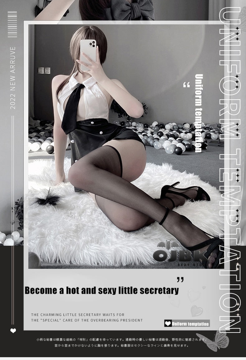 Women Sexy Lingerie Open Chest Pencil Skirt Office Lady Erotic Cosplay Costumes Outfits White Black Seductive Secretary Uniform