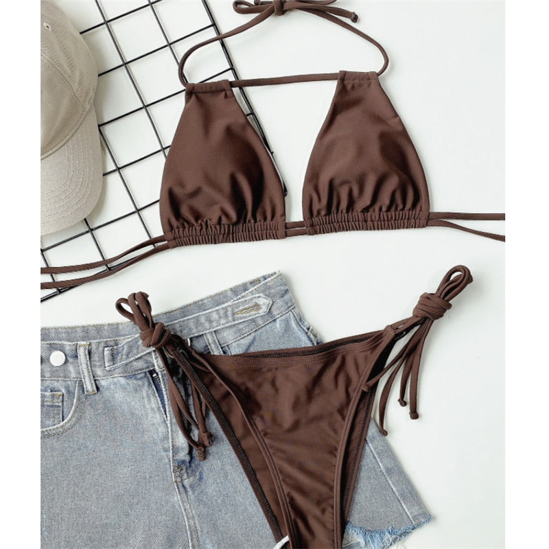 GNIM Sexy Hollow Out Bikini Swimwear Women Solid String Swimsuit Female 2 Pieces Backless Bandage Swim Bathing Suit
