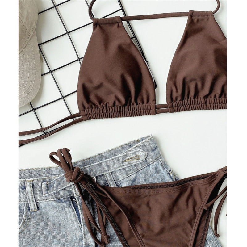 GNIM Sexy Hollow Out Bikini Swimwear Women Solid String Swimsuit Female 2 Pieces Backless Bandage Swim Bathing Suit
