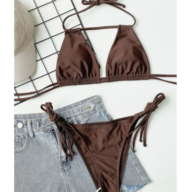 GNIM Sexy Hollow Out Bikini Swimwear Women Solid String Swimsuit Female 2 Pieces Backless Bandage Swim Bathing Suit