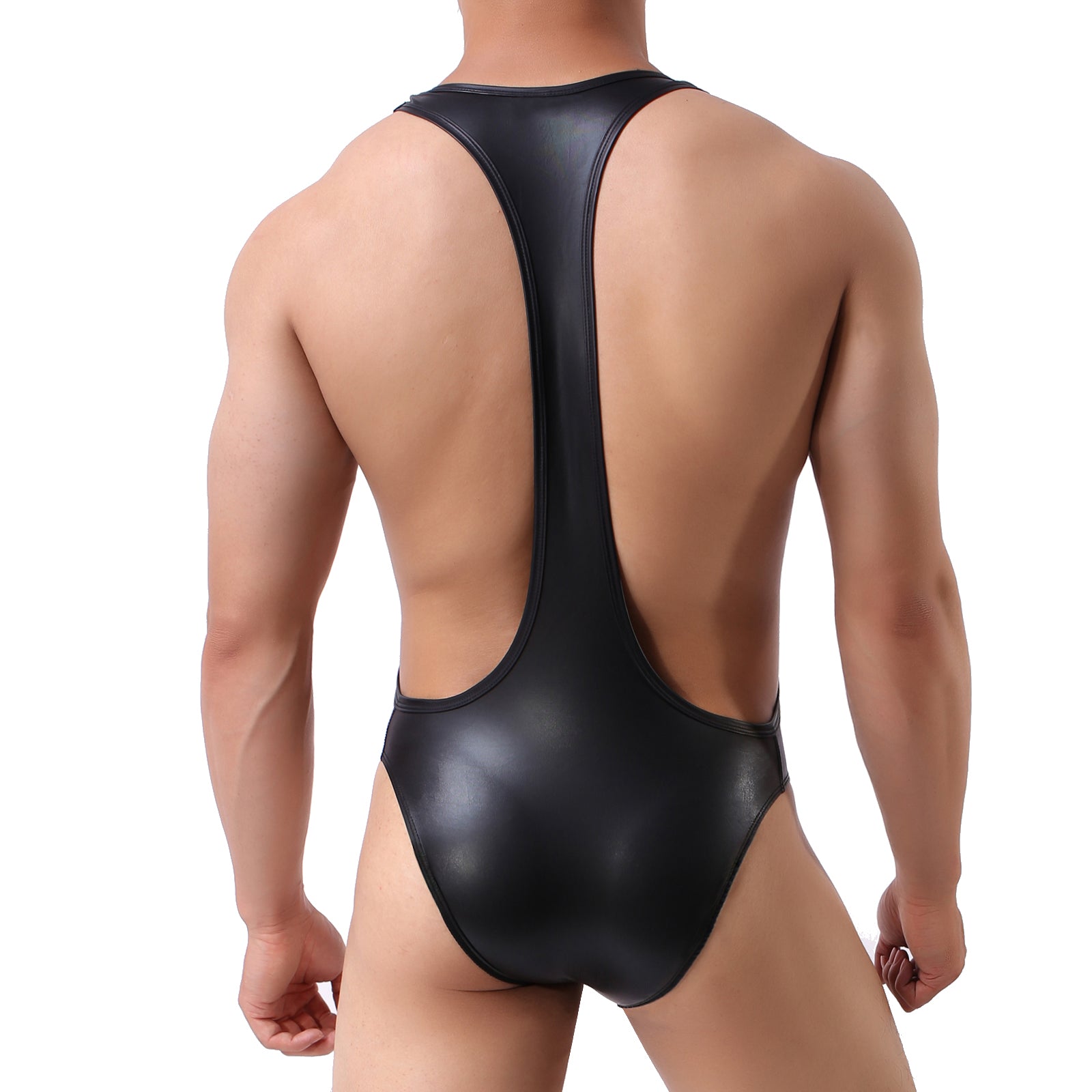Mens Sexy PU Leather Bodysuit Jockstrap Underwear Wrestling Singlet Leotard Jumpsuit Suspender Overalls Sexy Gay Teddy Underwear