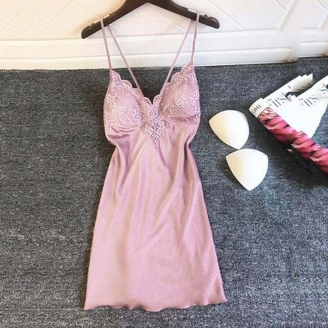 Sex Lingerie Women Nightie Lace V Neck Sexy Night Dress Flowers Print Sleepwear Spaghetti Strap Sexy Backless Nightgowns